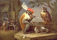 RAF81615 A monkey smoking and drinking with an owl