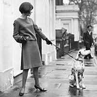 Mary Quant and dalmatian dog in Chelsea, London, 1