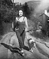 Overalls as film actress walking costume.
Barbara