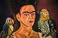 Colourful hand made carpet depicting Frida Kahlo, 