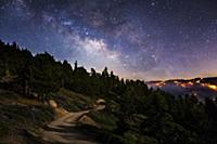 The Lake Fire, forest fire at night with the Milky