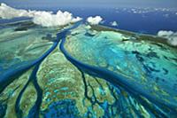 Aerial view of tidal channels in coral which feed 