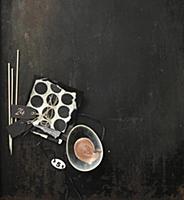Black and white mood board with chopsticks, labels
