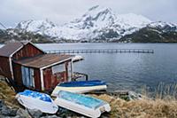 Fishing hut and upturned boats, Reine, Lofoten, No