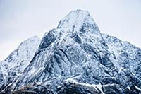Detail view of snow capped mountain, Reine, Lofote