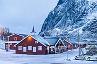 Buildings at dusk, Reine, Lofoten, Norway