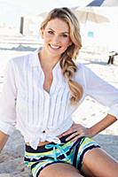 A young blonde woman sitting on a beach wearing a 
