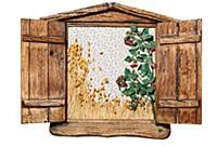 Decorative wooden window. External side of a casem