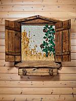 Decorative wooden window. External side of a casem
