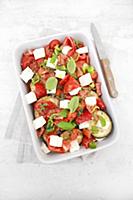 Raw vegetable pan ready for the oven tomatoes pepp